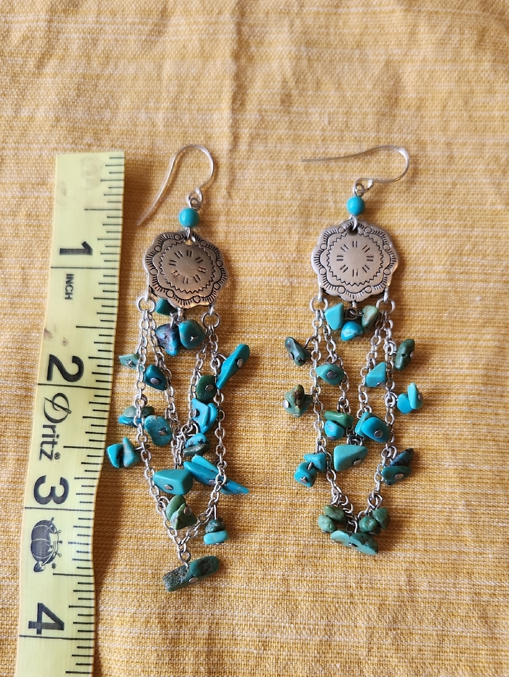 Lauren Ralph Lauren Turquoise Concho Medallion Dangle Earrings Southwestern Chip - Picture 5 of 6